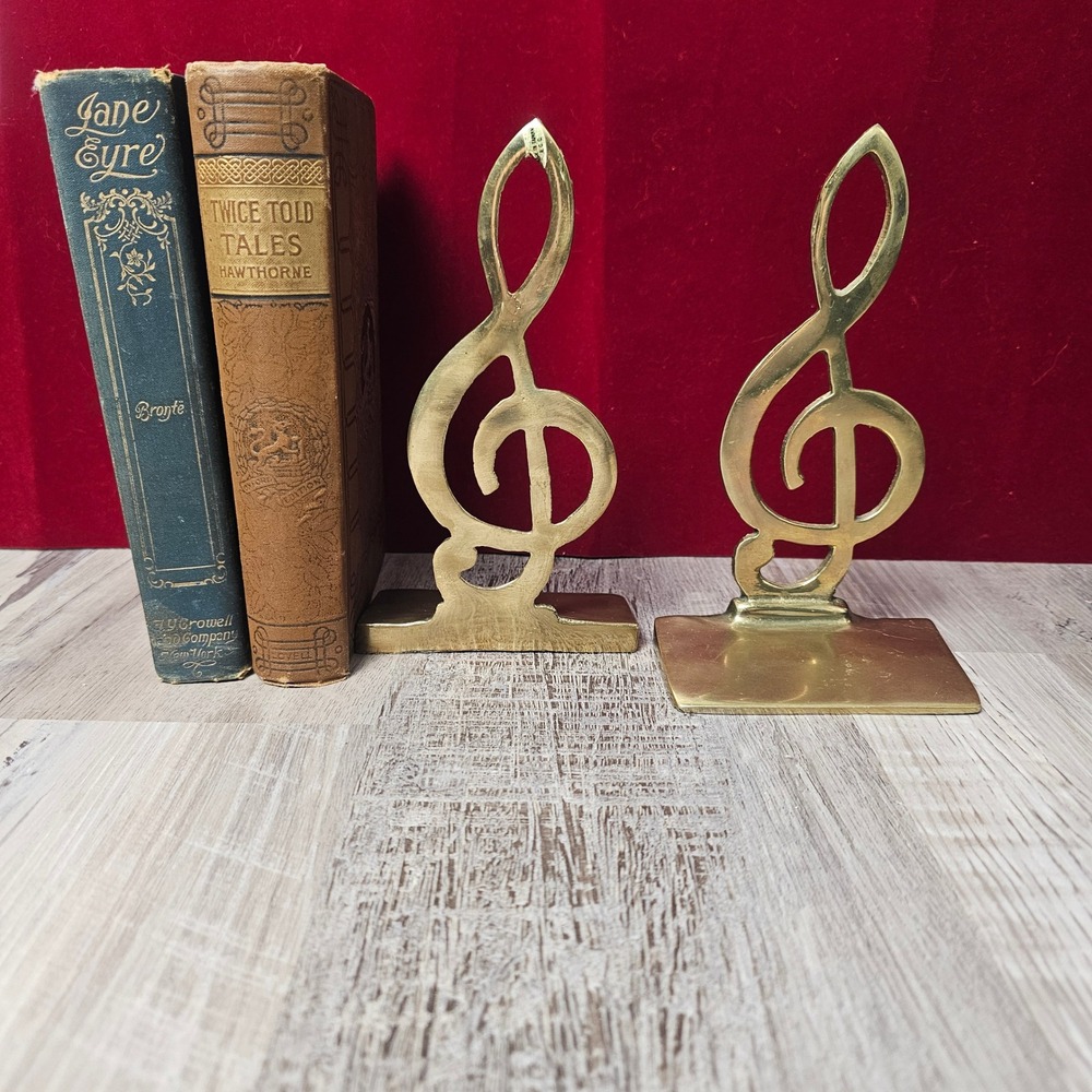 Treble Clef Bookends Pair Brass 7 Inch Taiwan Music Dark Academia MCM Musician